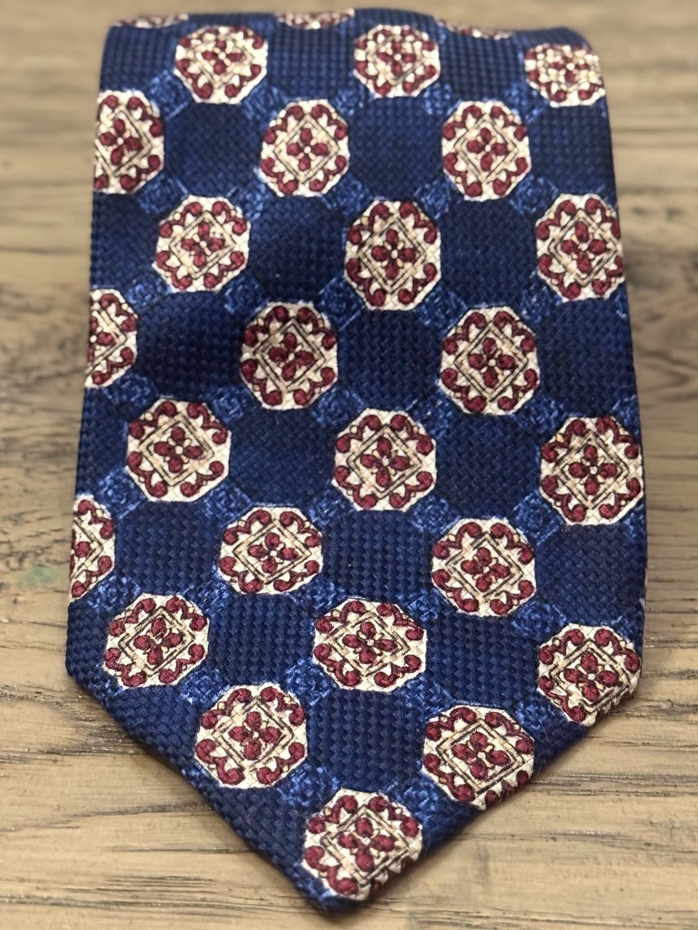 Robert Talbott Navy Silk Tie with Cream and Burgundy Medallions